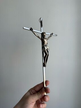Wall Hanging Vintage 6x12" Chrome Silver Jesus Crucifix Cross Catholic Orthodox